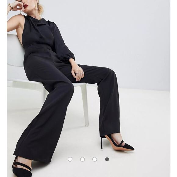 ASOS One Shoulder Jumpsuit 8 MED Black Satin Flare Cowlneck Wide Leg Going Out - Picture 5 of 11